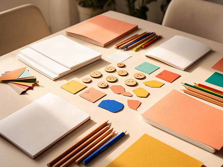 Mesa preparada para una sesión de creatividad con cuadernos, tarjetas y lápices de colores