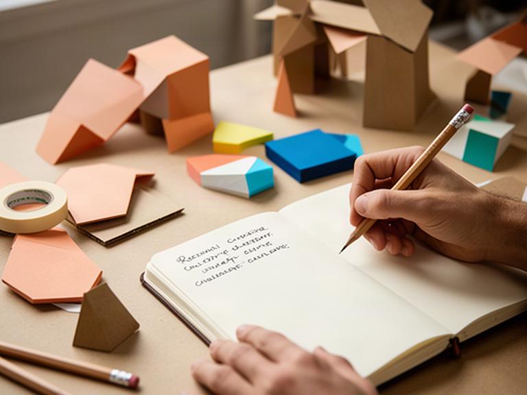 Persona escribiendo un reto de aprendizaje creativo en una libreta junto a materiales de prototipado