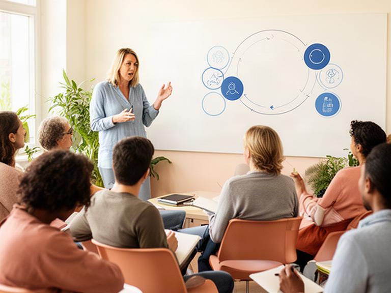 Facilitadora explicando un ciclo de aprendizaje ante un grupo reunido en una sala de trabajo