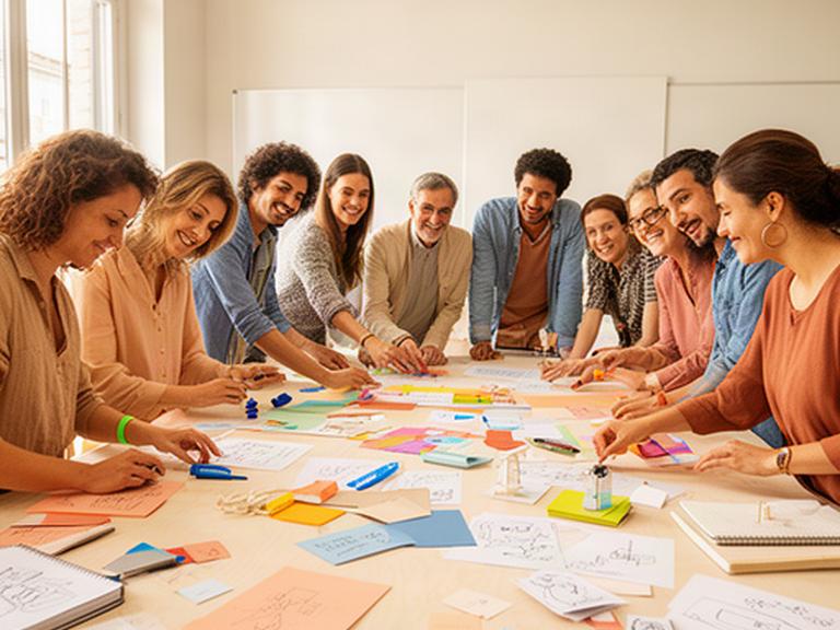 Grupo de personas desarrollando ideas con papeles de colores en un taller luminoso de Vitoria-Gasteiz