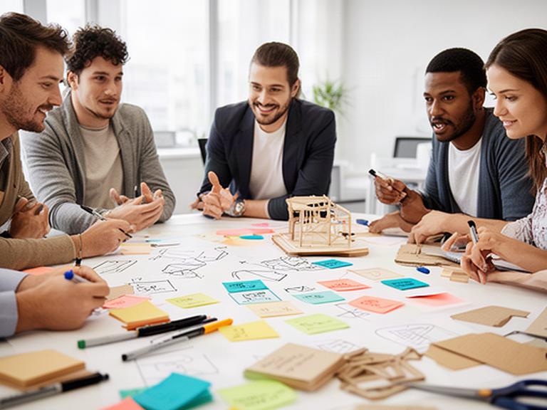 Grupo de profesionales dibujando ideas en una mesa durante un taller de Design Thinking